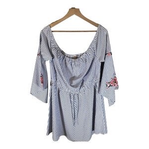 Feathers Womens Dress‎ Size L Large Blue White Striped Floral 3/4 Sleeve Flared